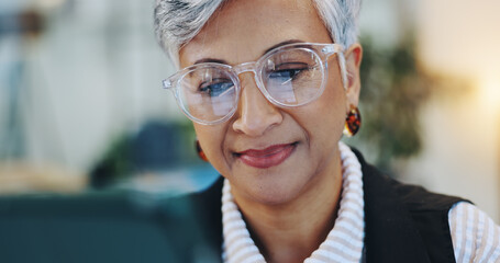 Smile, woman and reading on tablet in office for editor agenda, information and article post....