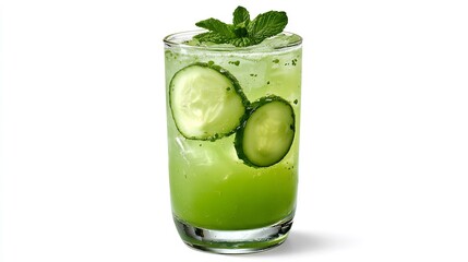 Light green detox juice with mint and cucumber served in a transparent highball glass isolated image clear overlay cut out on isolated transparent removed background