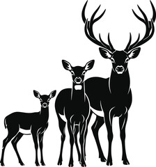 Deer family silhouette, stag, doe and fawn standing together, wild animals illustration, forest wildlife icon, black white vector drawing