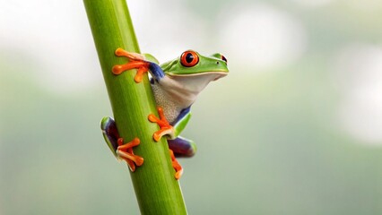 Obraz premium A vibrant Red-Eyed Tree Frog clings delicately to a bright green vertical plant stem, its striking red eyes and vivid blue and orange markings contrasting beautifully with the blurred natural backgrou