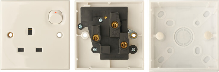 set of three pin type G wall socket faceplate, internal component side and plastic back box...