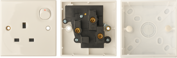 set of three pin type G wall socket faceplate, internal component side and plastic back box isolated white background, electrical installation or home wiring system concept