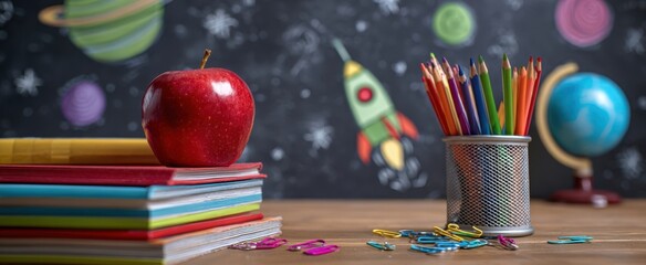 The apple and colorful pencils in a creative classroom setting.