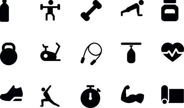Fitness & Gym Silhouette Icon Bundle – Dumbbell, Running Shoe, Yoga Mat, Weightlifter, Stopwatch, Heartbeat, Kettlebell, Exercise Bike, Water Bottle, Push-Up, Jump Rope, Muscle Flex, Punching Bag, Pro