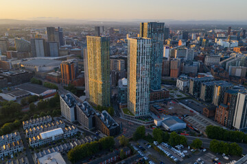 Aerial image of Manchester skyline featuring high-rise apartment buildings at Greengate during a...