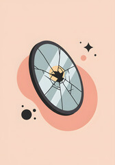 Broken mirror illustration with cracks and reflections, set against a soft pastel background, featuring abstract shapes and stars, conveying themes of imperfection and beauty
