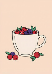 Colorful illustration of a cup filled with various berries, including red and purple fruits, surrounded by leaves, set against a soft pastel background, showcasing a vibrant and playful design