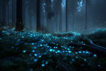 Enchanting Forest at Night with Glowing Flowers and Fireflies, A magical, nighttime forest scene.