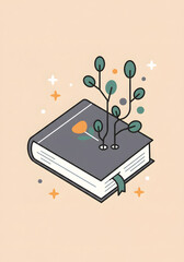 Illustrated book with a flower design on the cover, sprouting green leaves and branches, symbolizing growth and knowledge in a whimsical, colorful style
