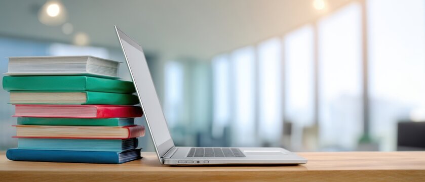 The laptop resting on a stack of colorful books in a modern workspace.