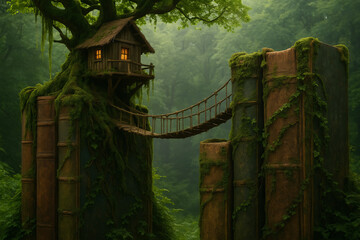 Fantasy  Mini Treehouse Above a Book Spine Canyon