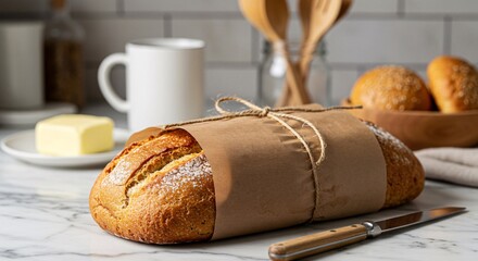 Rustic loaf of bread wrapped in brown paper with butter and buns on marble counter
