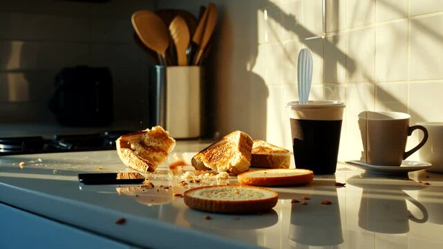 Toasted bread and coffee on a kitchen counter