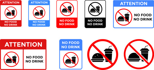 no food or drink icon set. Prohibition of eating and drinking.  prohibited sign. Junk food not allowed inside. Red circle restriction. unhealthy fast food symbol
