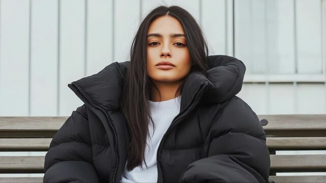 Winter fashion model sitting confidently on urban bench, wearing sleek black puffer jacket, embodying contemporary street style with calm, poised demeanor