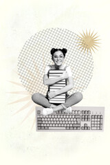 Vertical zine artwork collage of happy businesswoman stand keypad wireless device freelancer tool...
