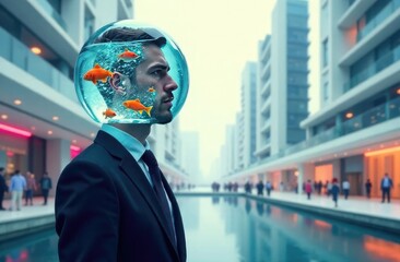 Surreal conceptual art of a man with a transparent aquarium head filled with colorful fish and water, confidently standing in a suit against an urban cityscape, symbolizing creativity and identity