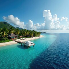 Aerial view of a Maldives island with wooden houses, long pier, and boat floating in crystal-clear turquoise waters—perfect for travel, luxury, tropical escape, travel agency, resort escape, banner