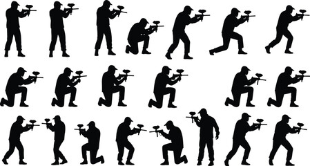 Paintball player silhouette collection, action shooting poses, tactical sports, isolated black silhouettes, vector illustration, combat game, dynamic sports concept
