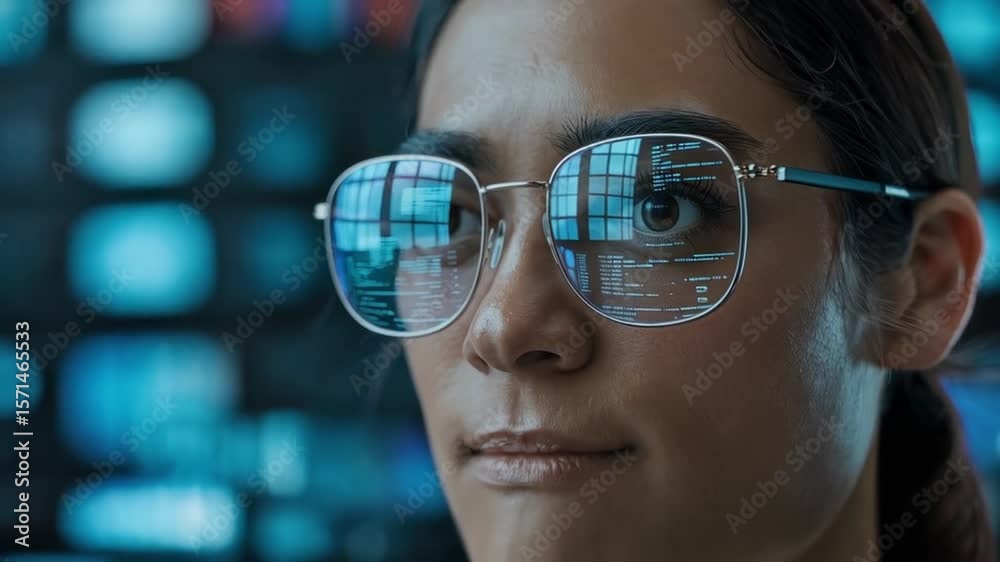 Wall mural programmer works with code reflected in glasses, showcasing technology and software development