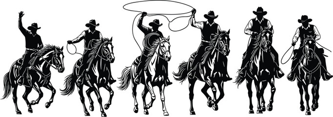Silhouette of cowboy riders on horses, roping and riding together, traditional western cowboy illustration, rodeo action, wild west theme