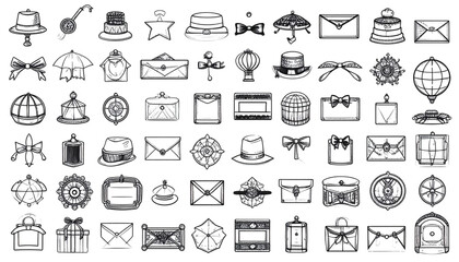 A collection of various line art illustrations featuring hats, envelopes, and other decorative elements.