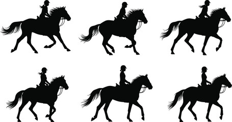 Silhouette of female horse riders in motion, horseback riding vector collection, black and white equestrian design, horsewoman art illustration