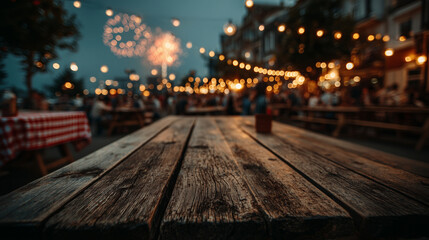 rustic wooden table with american flags and fireworks in the background – ideal for fourth of july promotions, holiday menus, or patriotic celebration designs	