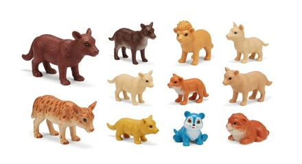 Fototapeta premium Overhead Flat Lay of 11 Colorful Plastic Animal Figurines on White Background – Bear to Hamster Toy Collection for Imaginative Play and Education 