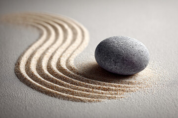 A smooth grey stone rests beside gently raked lines in fine sand, creating a tranquil Zen garden atmosphere indoors