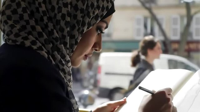 Woman sketching city street