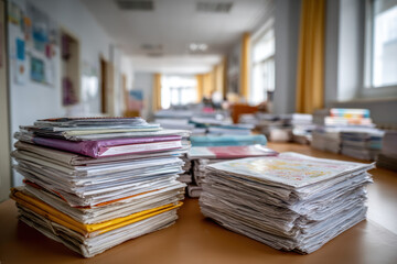 Piles of papers and files orderly arranged on a table inside a bright office environment during the day