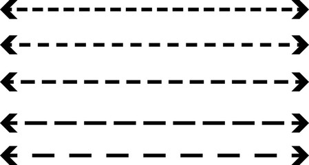 Long straight dashed line double arrow set. Semicircular curved thin. long double ended arrow. presentation and education. Straight long arrow