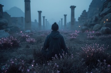 Fototapeta premium A person meditates amidst ancient ruins and glowing flora