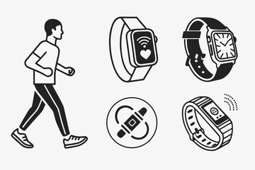 A man jogging with various smartwatch icons isolated on white background
