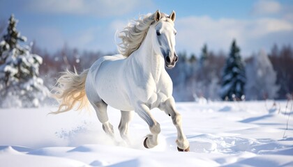 White horse galloping through snowfield &ndash; dynamic and beautiful winter scene/ 雪原を駆け抜ける白馬 &ndash; 躍動感あふれる美しい冬の風景