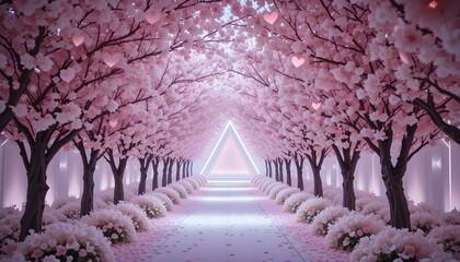 Romantic Cherry Blossom Tunnel with Heart-Shaped Flowers and Pastel Petals