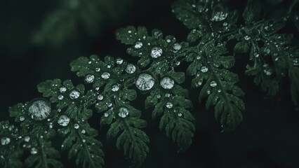 A close up of a fern leaf covered in water droplets in a dark and moody natural setting