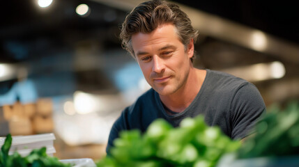 A shopper selecting fresh vegetables in a produce section