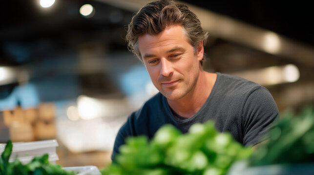 A shopper selecting fresh vegetables in a produce section
