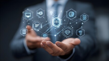 IT Consulting. Businessman holds digital consulting network connecting icon representing IT solutions, focusing on innovation, strategy, optimization, growth, and technology-driven success	