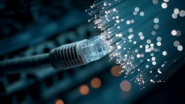 Macro shot focusing on a fiber optic connector being connected to a network switch emphasizing the delicate features and glowing fibers that enable seamless communication in modern