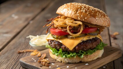 Juicy Cheeseburger with Crispy Onions and Fresh Vegetables on Wood