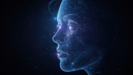 Profile view of a digital woman with blue particles and glowing eyes on a dark background