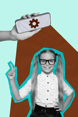 Vertical zine art pop trend collage of happy preteen schoolgirl point hand hold phone gearwheel ai...