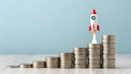 Growth Concept with Rocket and Stacked Coins on Light Background