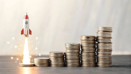 Rocket Launching from Stacked Coins Representing Financial Growth
