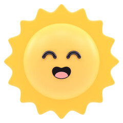 smiling sun 3d render icon in cartoon plastic style minimal isolated on transparent white background	
