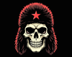 Obraz premium Biker vector t-shirt design with human skull with furry hat with earflaps and red star on black background. Fashionable print for fabric, paper, men clothing, hoodie, jacket. T shirt template.