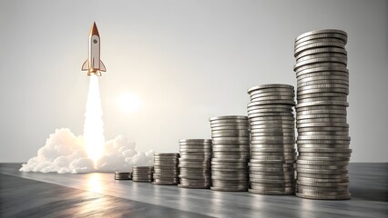 Rocket Launching Over Stacks of Coins Symbolizing Financial Growth
